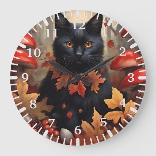 Cute Black Cat in Autumn Forest Large Clock
