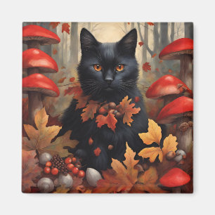 Cute Black Cat in Autumn Forest Magnet