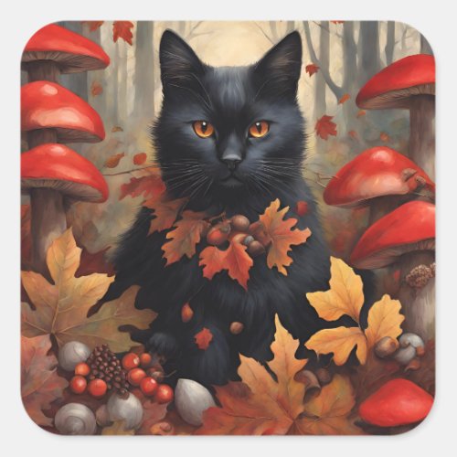 Cute Black Cat in Autumn Forest Square Sticker