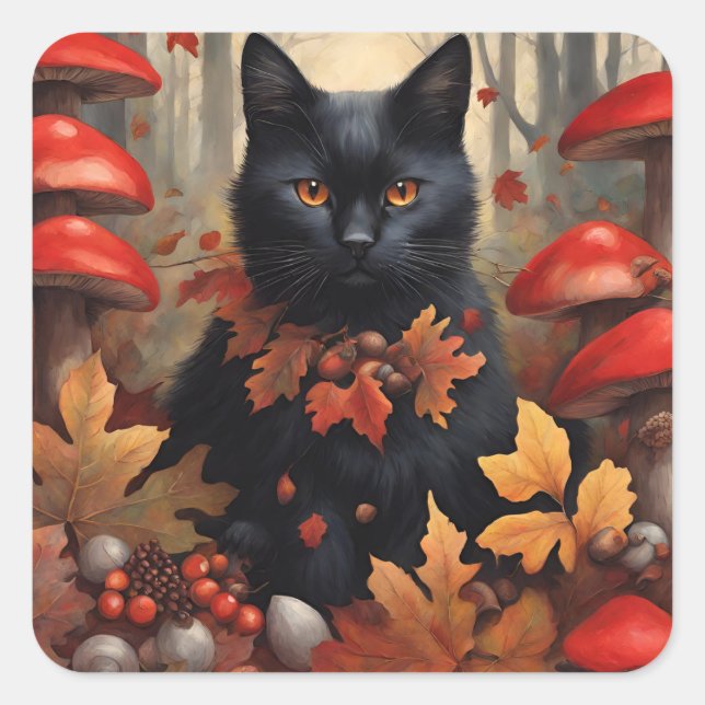 Cute Black Cat in Autumn Forest Square Sticker (Front)