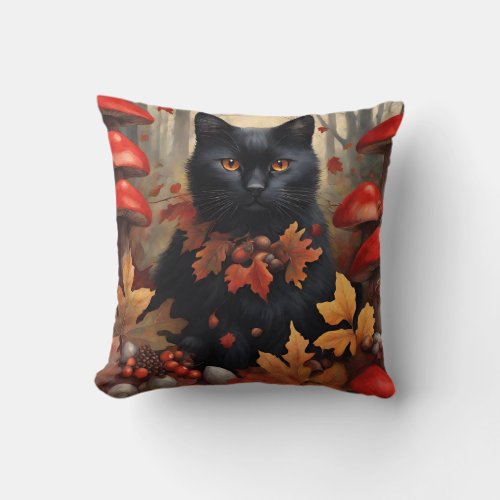 Cute Black Cat in Autumn Forest Throw Pillow