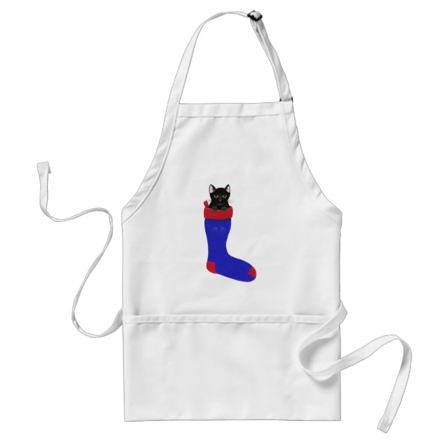 Cute Black Cat in Blue Christmas Stocking Aprons (Front)