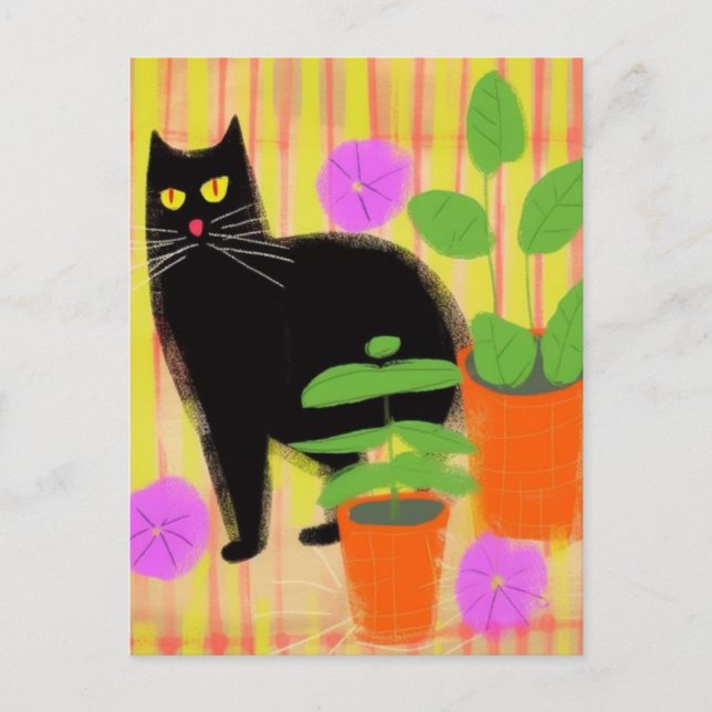 Cute Black Cat in Houseplants Postcard (Front)