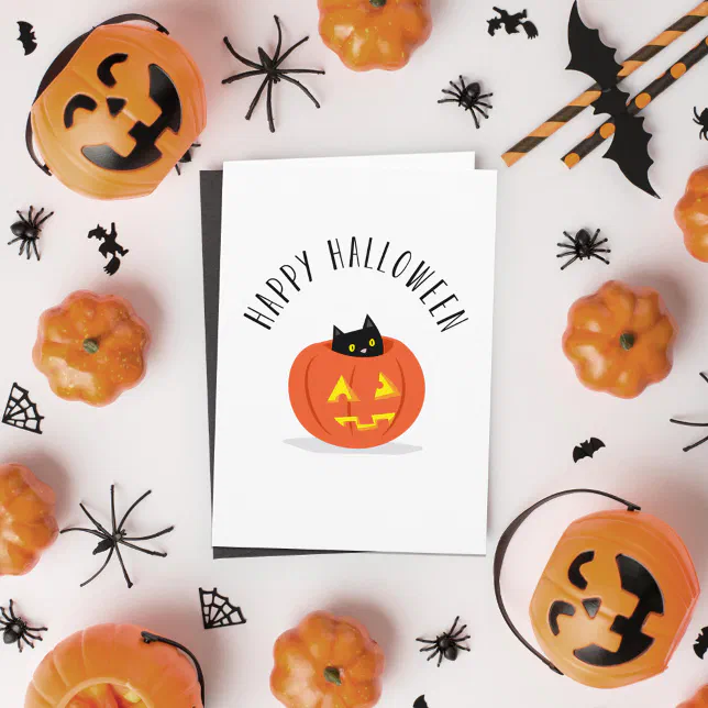 Cute Black Cat in Jack O Lantern Happy Halloween Card | Zazzle