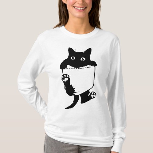 Cute Black Cat In Pocket Coming Out Funny Cat Love T_Shirt