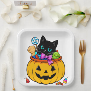 Cute Black Cat in Pumpkin Bucket Halloween Candy D Paper Plates