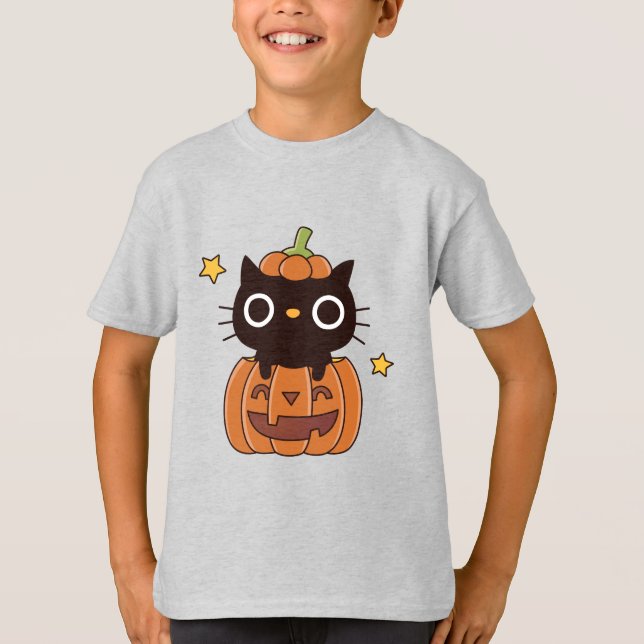 Cute Black Cat In Pumpkin Carving Happy Halloween T-Shirt (Front)