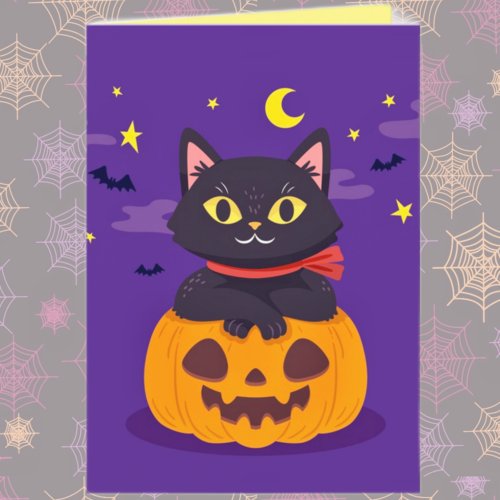 Cute Black Cat in Pumpkin Halloween Card