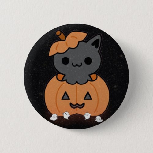 Cute Black Cat in Pumpkin _ Round Pin 