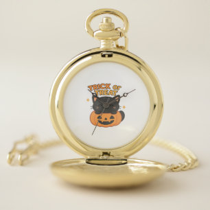 Cute Black Cat in Pumpkin – Trick or Treat Kawaii Pocket Watch