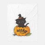 Cute black cat in pumpkin with witch hat, kawaii s fleece blanket