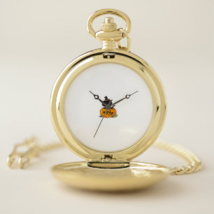 Cute black cat in pumpkin with witch hat, kawaii s pocket watch