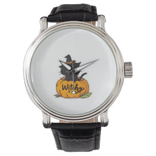 Cute black cat in pumpkin with witch hat, kawaii s watch
