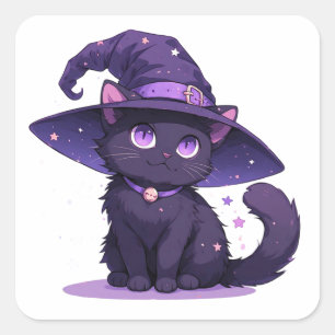 Cute Black Cat In Purple Witch Hat Magic ✨ Square Sticker