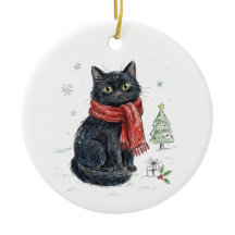 Cute Black Cat in Red Scarf Christmas Tree Winter