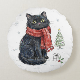 Cute Black Cat in Red Scarf Christmas Tree Winter Round Pillow