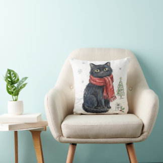 Cute Black Cat in Red Scarf Christmas Tree Winter Throw Pillow