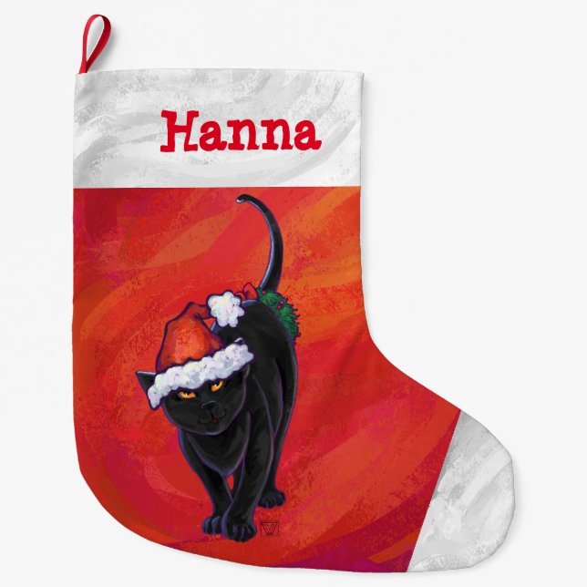 Cute Black Cat in Santa Hat on Red Large Christmas Stocking (Front)