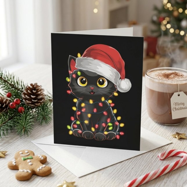 Cute Black Cat in Santa Hat with Christmas Lights Holiday Card (Creator Uploaded)