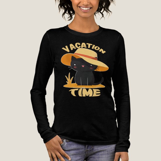 Cute Black Cat in Sun Hat – Vacation Time Tri-Blend Shirt (Front)