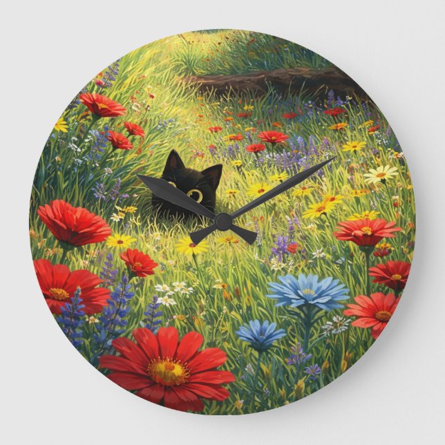 Cute Black Cat in Wildflower Meadow Wall Clock (Front)