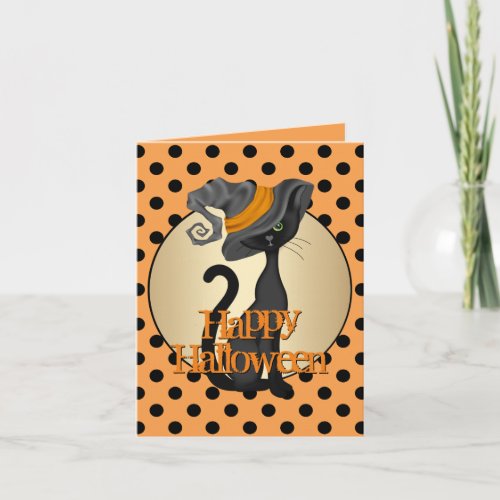 Cute Black Cat in Witch Hat Happy Halloween Card