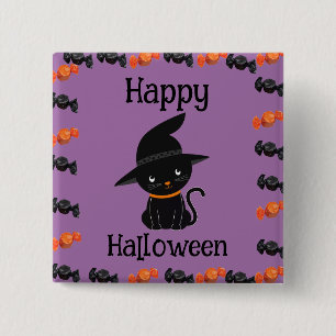 Cute Black Cat in Witch Hat Happy Halloween Purple Button