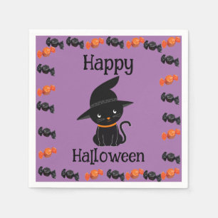 Cute Black Cat in Witch Hat Happy Halloween Purple Napkins