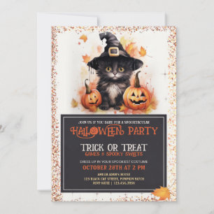 Cute Black Cat in Witch Hat Kids Halloween Party Invitation
