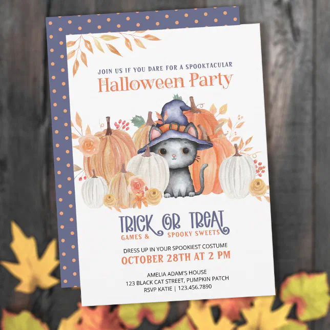 Cute Black Cat in Witch Hat Kids Halloween Party Invitation | Zazzle
