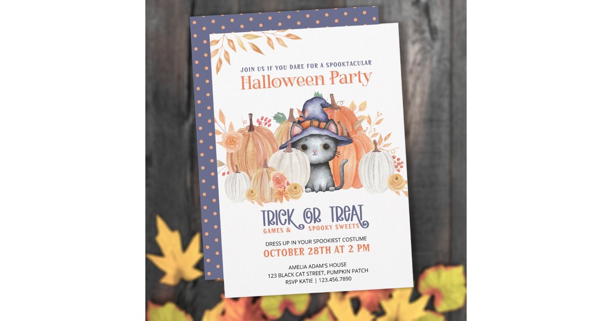 Cute Black Cat in Witch Hat Kids Halloween Party Invitation | Zazzle