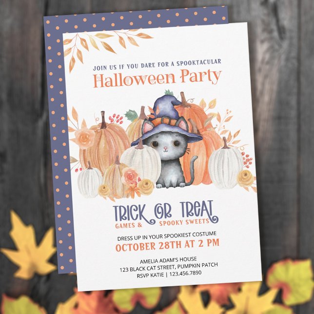 Cute Black Cat in Witch Hat Kids Halloween Party Invitation (Creator Uploaded)