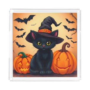 Cute Black Cat in Witch Hat Surrounded by Pumpkins Acrylic Tray