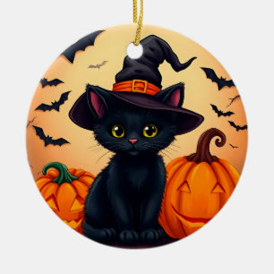 Cute Black Cat in Witch Hat Surrounded by Pumpkins Ceramic Ornament