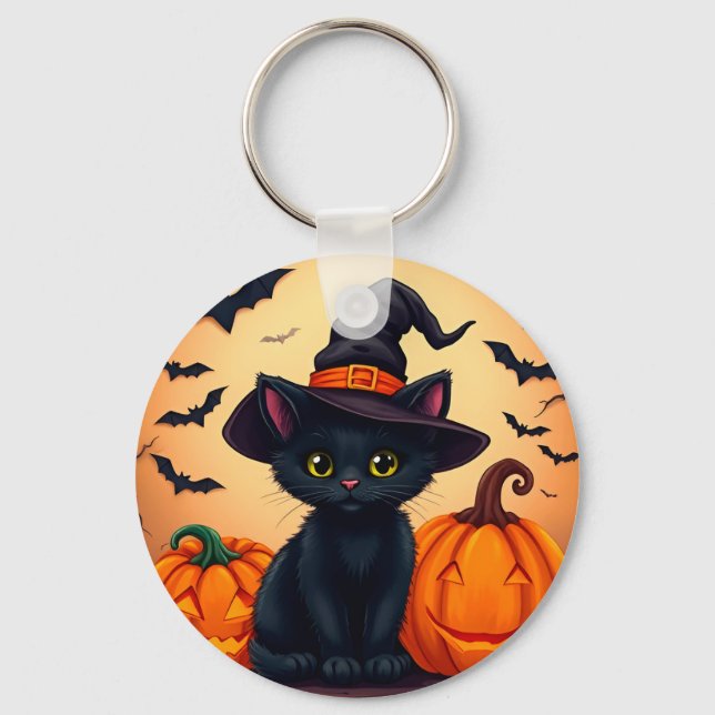 Cute Black Cat in Witch Hat Surrounded by Pumpkins Keychain (Front)