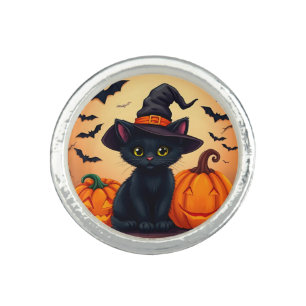 Cute Black Cat in Witch Hat Surrounded by Pumpkins Ring