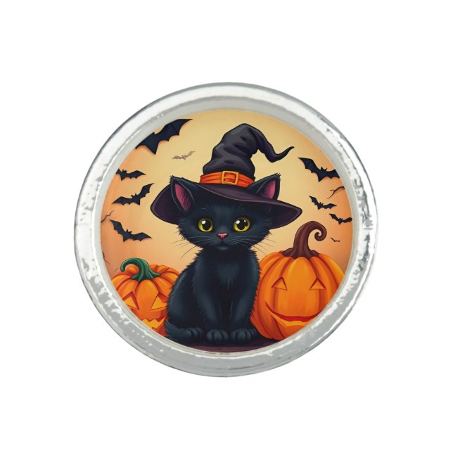 Cute Black Cat in Witch Hat Surrounded by Pumpkins Ring (Front)