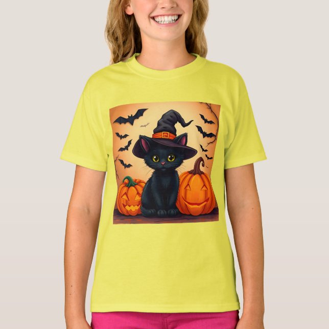 Cute Black Cat in Witch Hat Surrounded by Pumpkins T-Shirt (Front)