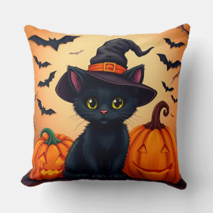 Cute Black Cat in Witch Hat Surrounded by Pumpkins Throw Pillow