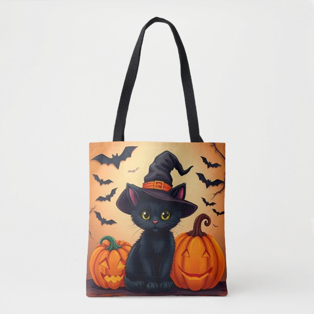 Cute Black Cat in Witch Hat Surrounded by Pumpkins Tote Bag (Front)
