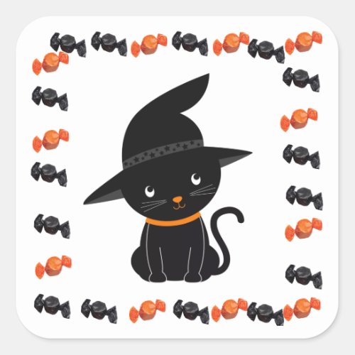 Cute Black Cat in Witchs Hat with Halloween Candy Square Sticker