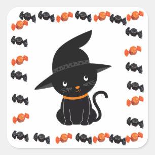 Cute Black Cat in Witch's Hat with Halloween Candy Square Sticker