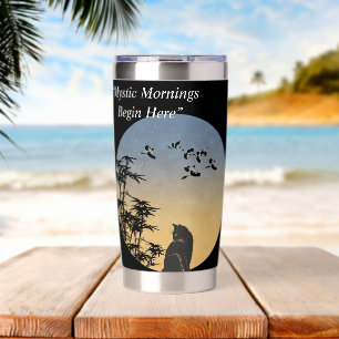 Cute Black Cat inder sky withe bird and bamboo  Insulated Tumbler