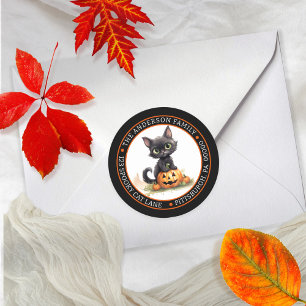 Cute Black Cat JackOLantern Circle Return Address Classic Round Sticker