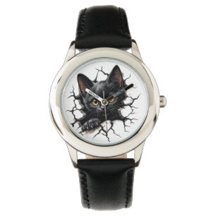 Cute Black Cat Kids Watch with Cracked Glass Illus