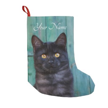 Cute Black Cat Kitten With Blue Door Photo - Name Small Christmas Stocking by Kathom_Photo at Zazzle