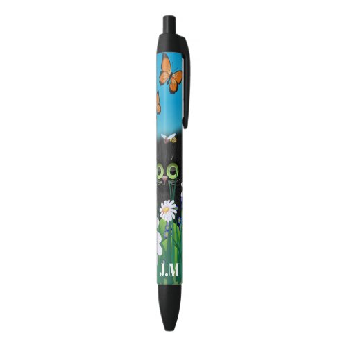 Cute Black Cat Kitten with Daisies Monogram Black Ink Pen