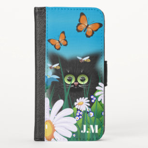 Cute Black Cat Kitten with Daisies Monogram iPhone X Wallet Case