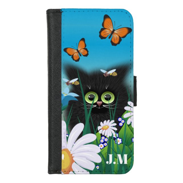 Cute Black Cat Kitten with Daisies Monogram iPhone Wallet Case (Front)
