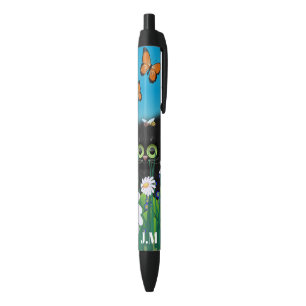 Cute Black Cat Kitten with Daisies Monogram Pen